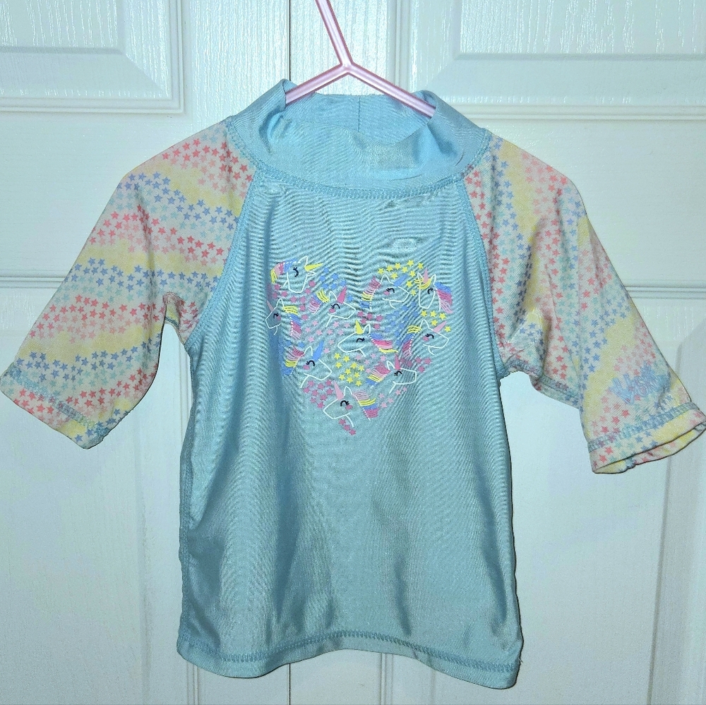 4T Girls Swim Shirt with Heart, Unicorn And Star Rainbow Design UV Skinz